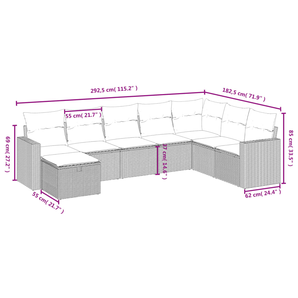 Set mobilier de grădină cu perne, 8 piese gri deschis poliratan