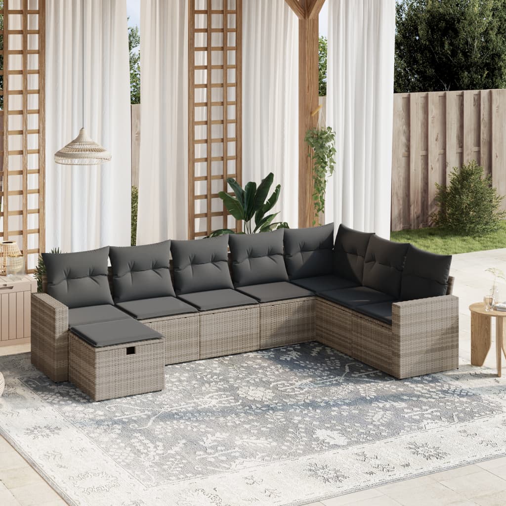 Garden furniture set with cushions, 8 pieces, light grey, polyrattan