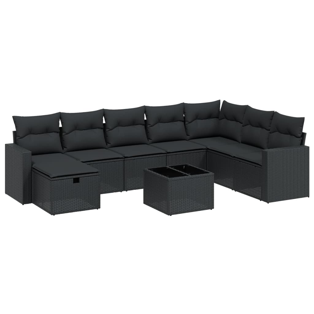 Garden furniture set with cushions, 9 pieces, black, polyrattan