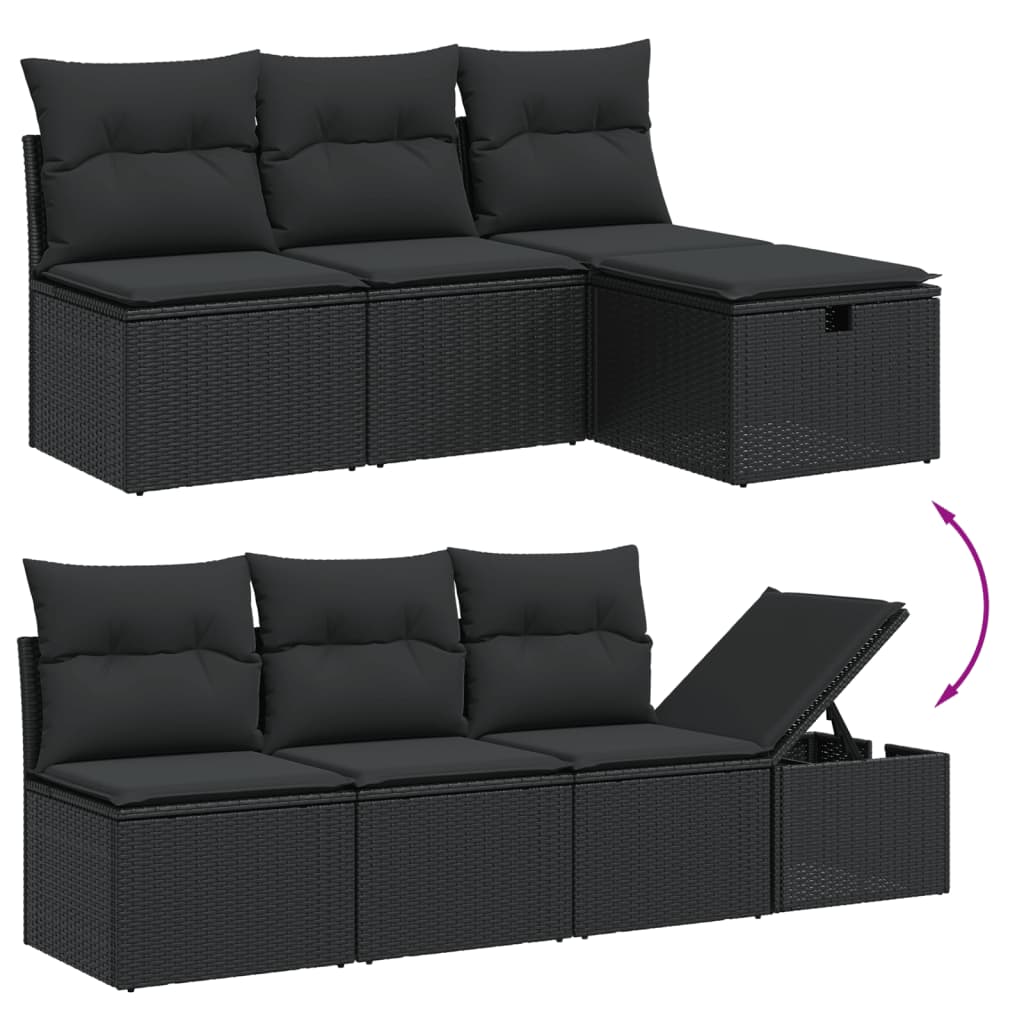 Garden furniture set with cushions, 9 pieces, black, polyrattan