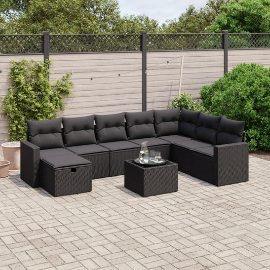 Garden furniture set with cushions, 9 pieces, black, polyrattan