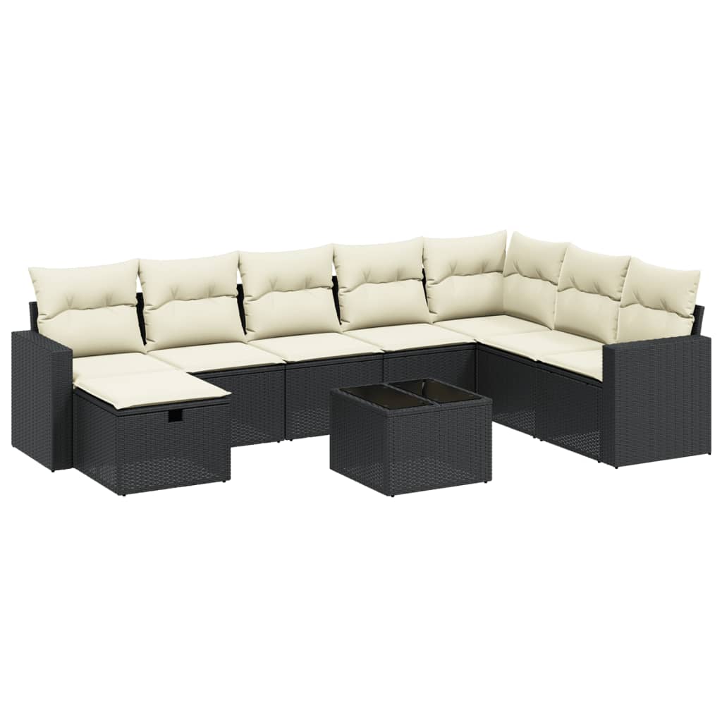 Garden furniture set with cushions, 9 pieces, black, polyrattan