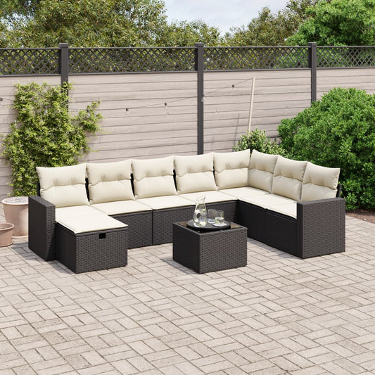 Garden furniture set with cushions, 9 pieces, black, polyrattan