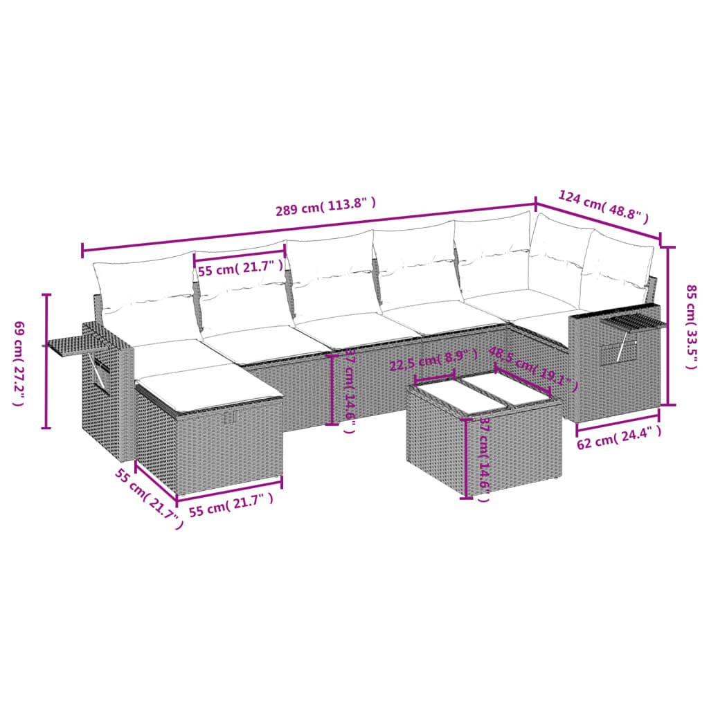 Garden furniture set with cushions, 8 pieces, light grey, polyrattan