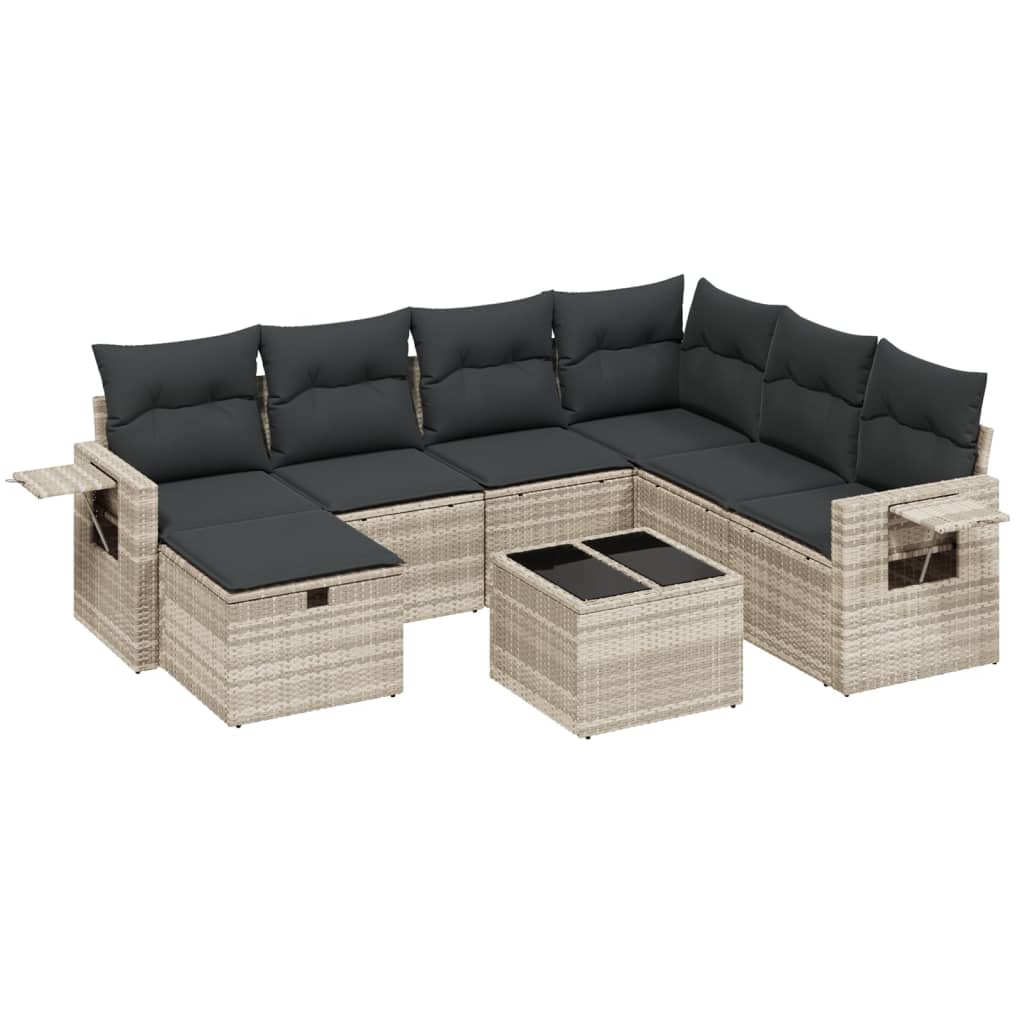 Garden furniture set with cushions, 8 pieces, light grey, polyrattan