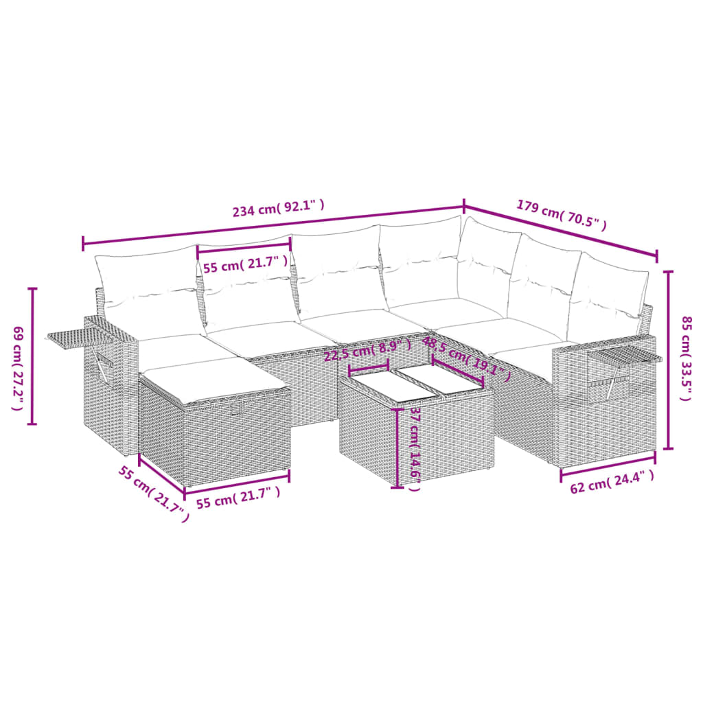 Garden furniture set with cushions, 8 pieces, light grey, polyrattan