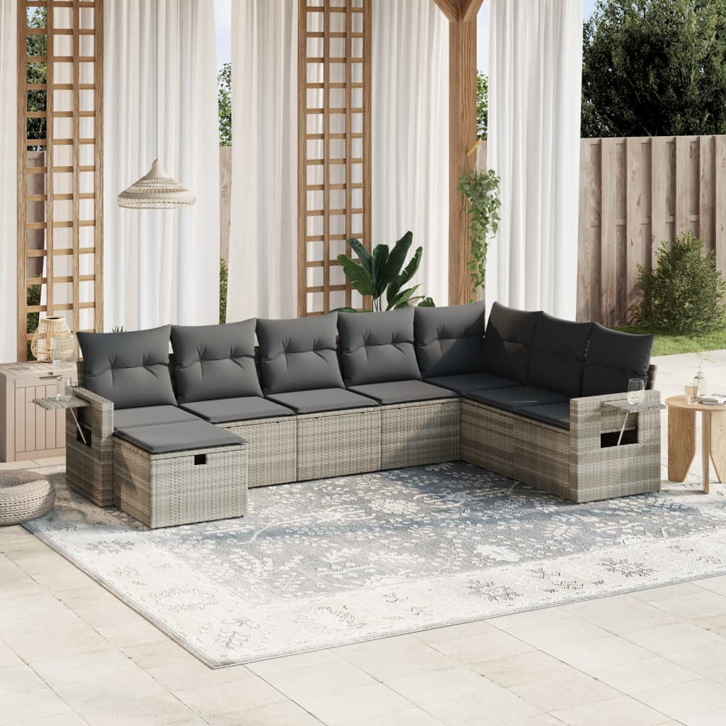 Garden furniture set with cushions, 8 pieces, light grey, polyrattan