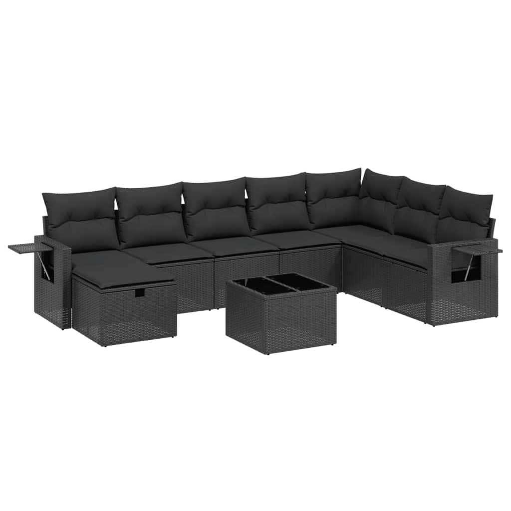 Garden furniture set with cushions, 9 pieces, black, polyrattan