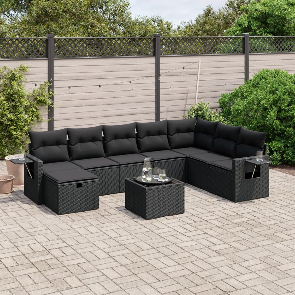 Garden furniture set with cushions, 9 pieces, black, polyrattan