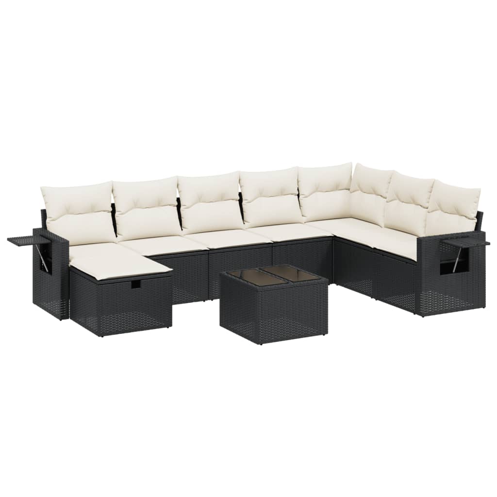 Garden furniture set with cushions, 9 pieces, black, polyrattan