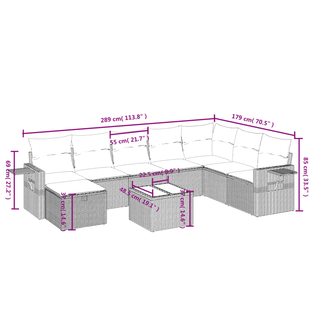 Set mobilier de grădină cu perne, 9 piese, negru, poliratan