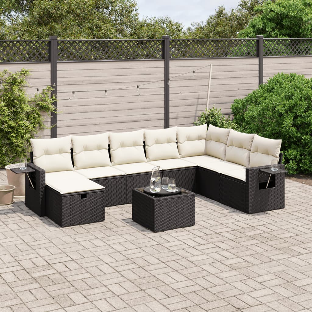 Garden furniture set with cushions, 9 pieces, black, polyrattan