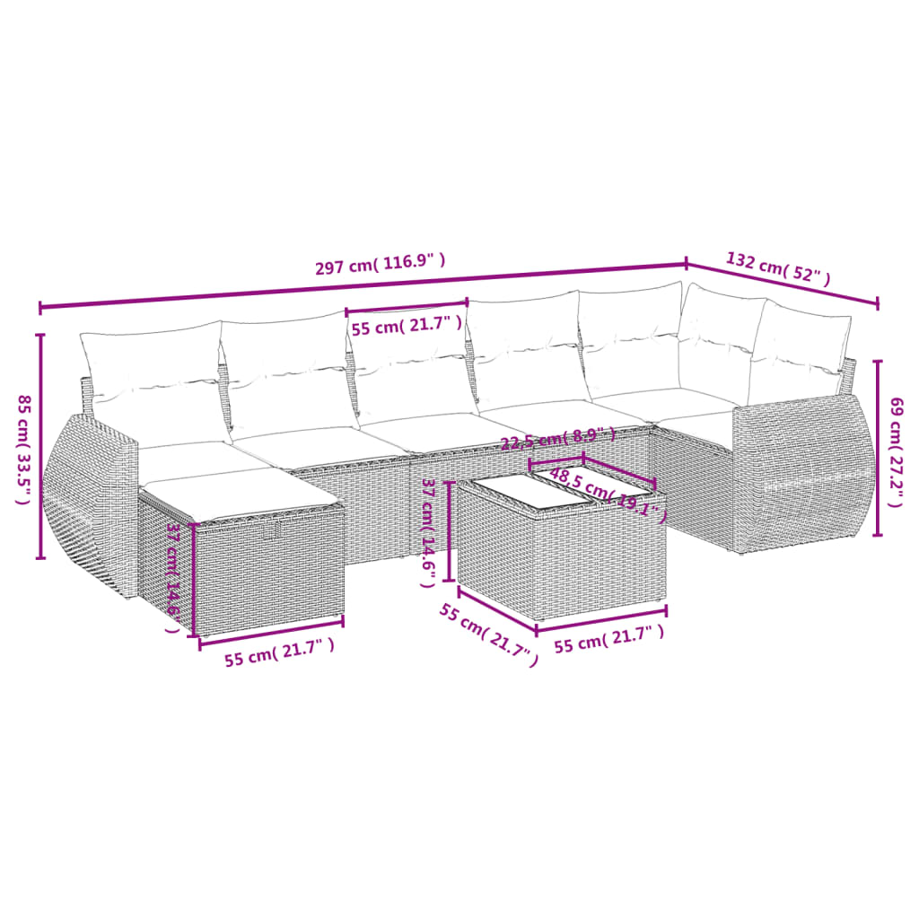 Garden furniture set with cushions, 8 pieces, light grey, polyrattan