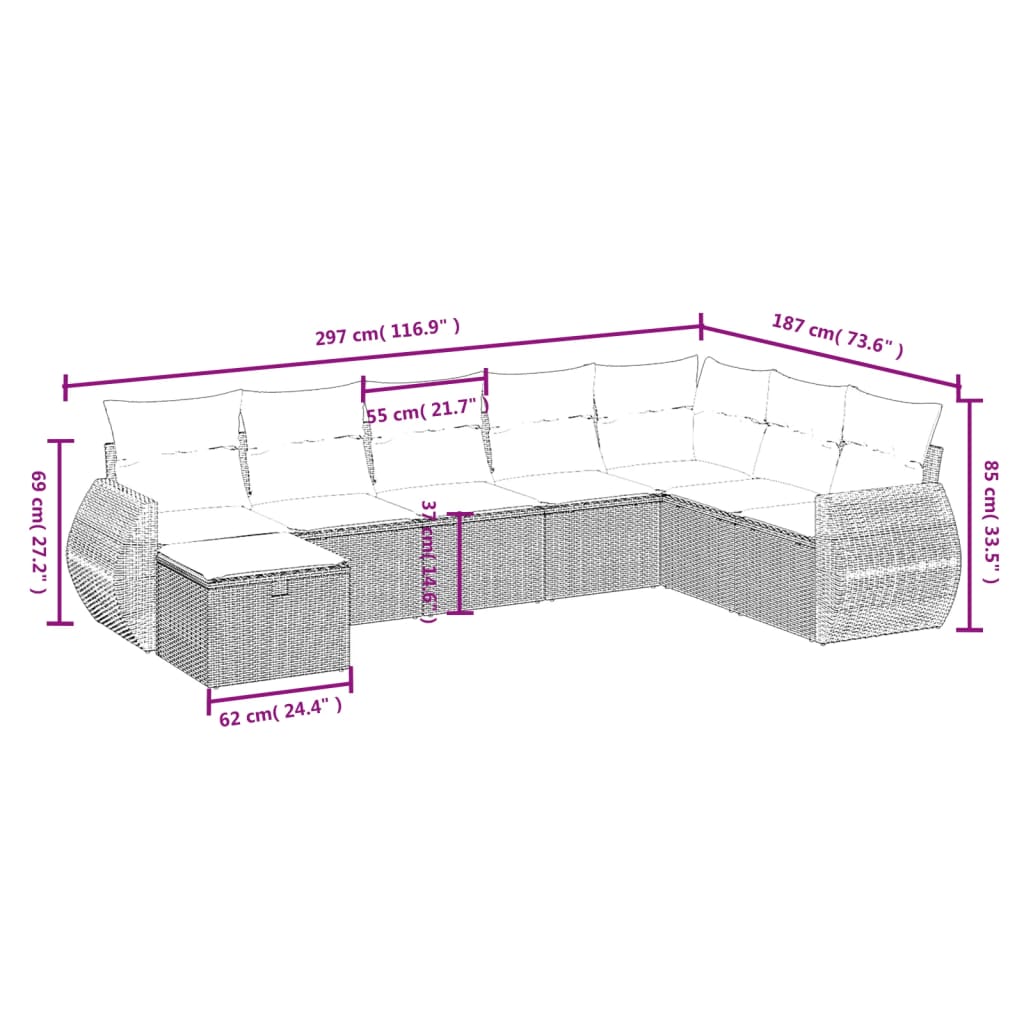 Garden furniture set with cushions, 8 pieces, light grey, polyrattan