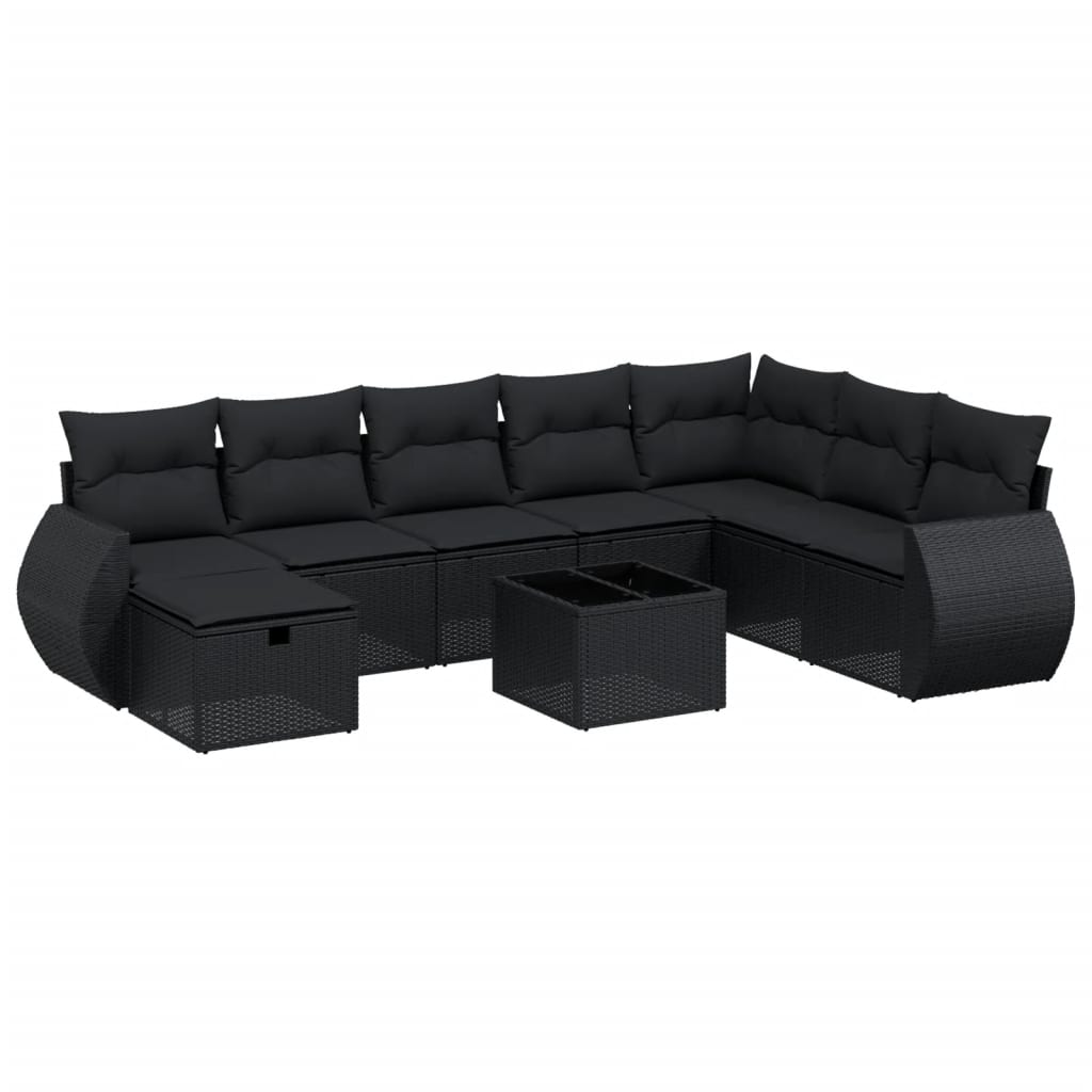 Garden furniture set with cushions, 9 pieces, black, polyrattan