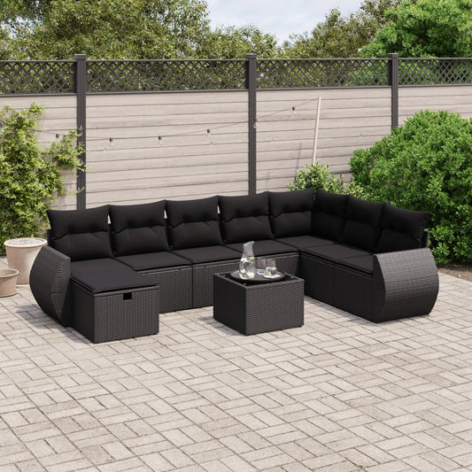 Garden furniture set with cushions, 9 pieces, black, polyrattan