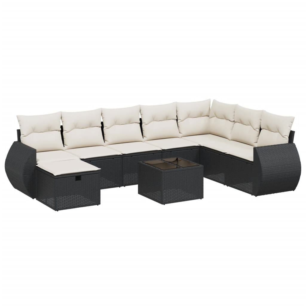 Garden furniture set with cushions, 9 pieces, black, polyrattan