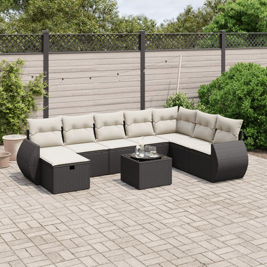 Garden furniture set with cushions, 9 pieces, black, polyrattan