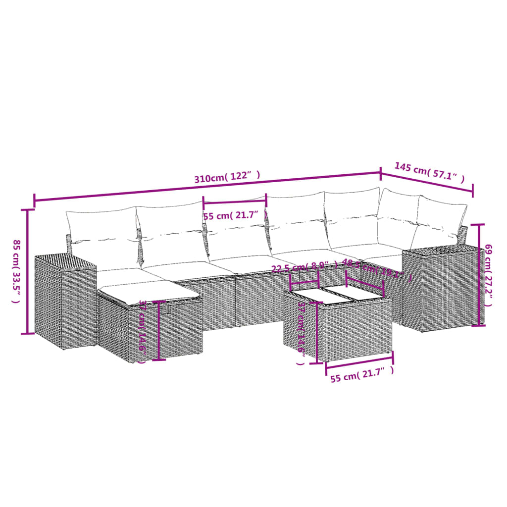 Set mobilier de grădină cu perne, 8 piese gri deschis poliratan