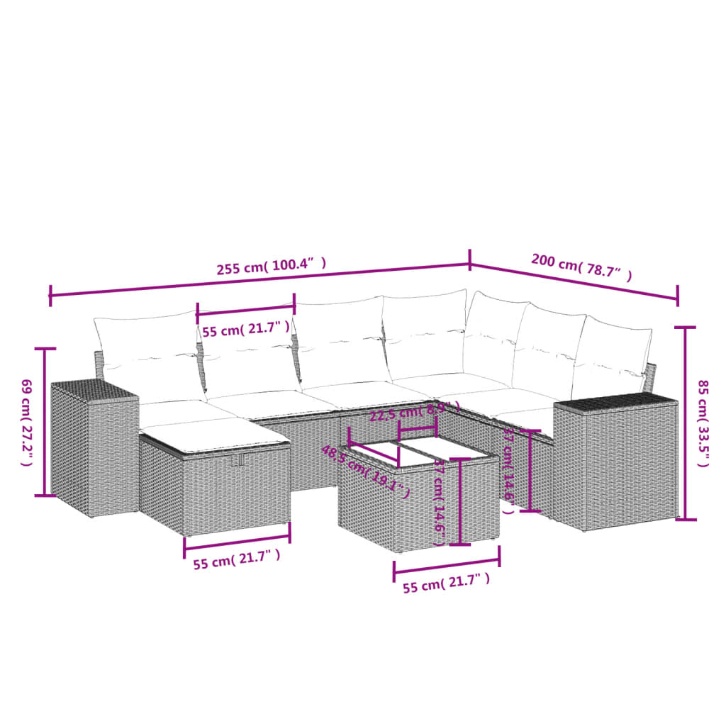 Set mobilier de grădină cu perne, 8 piese gri deschis poliratan