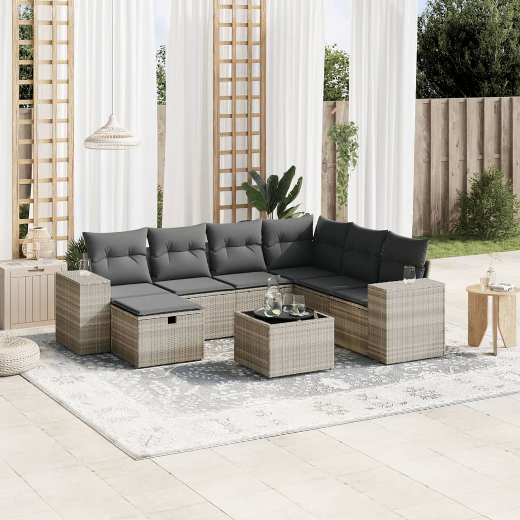 Garden furniture set with cushions, 8 pieces, light grey, polyrattan