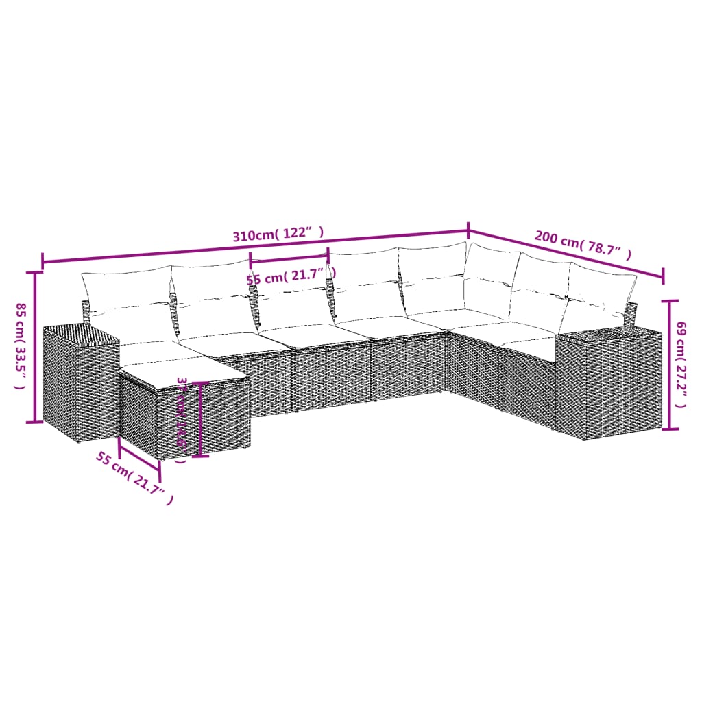 Garden furniture set with cushions, 8 pieces, light grey, polyrattan