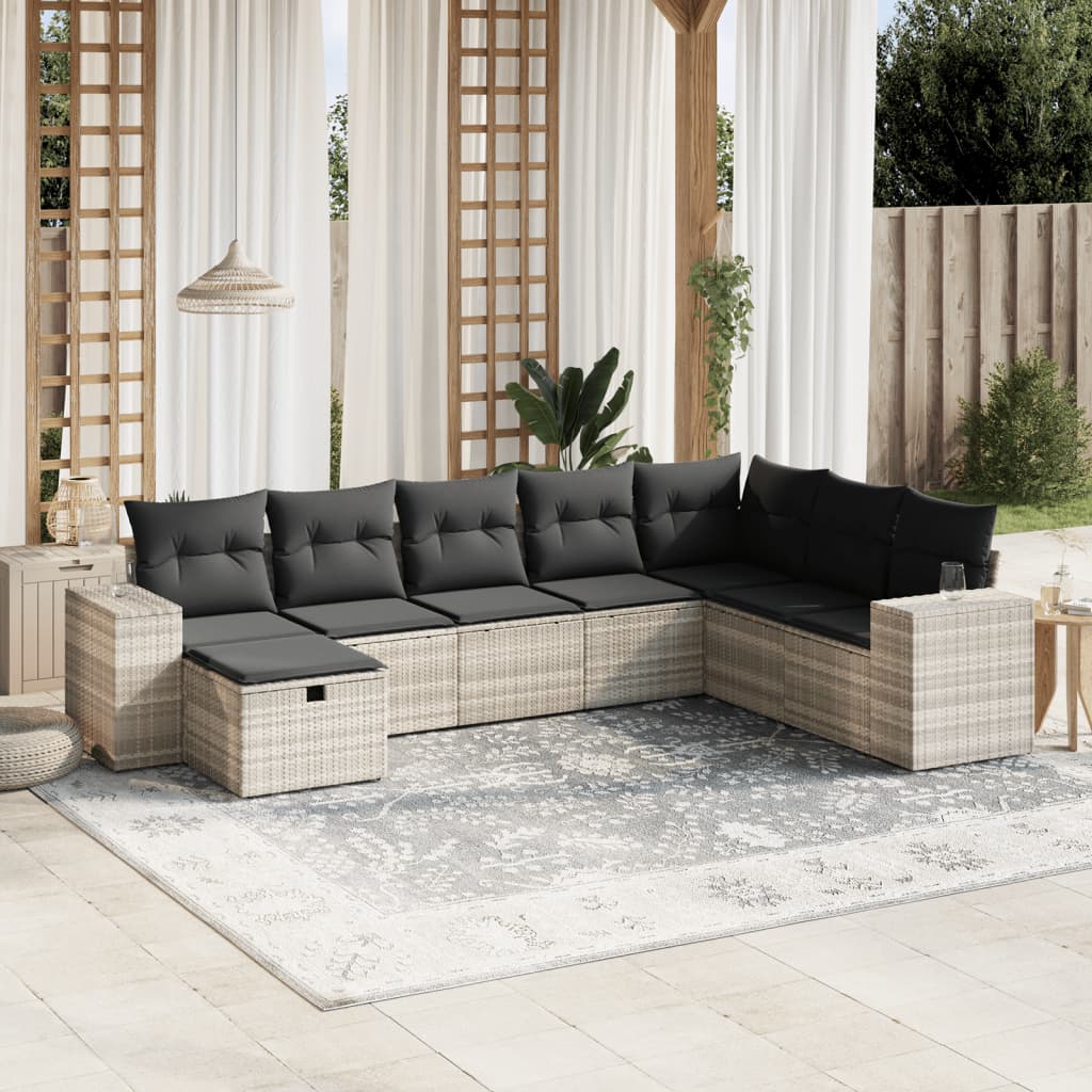 Garden furniture set with cushions, 8 pieces, light grey, polyrattan