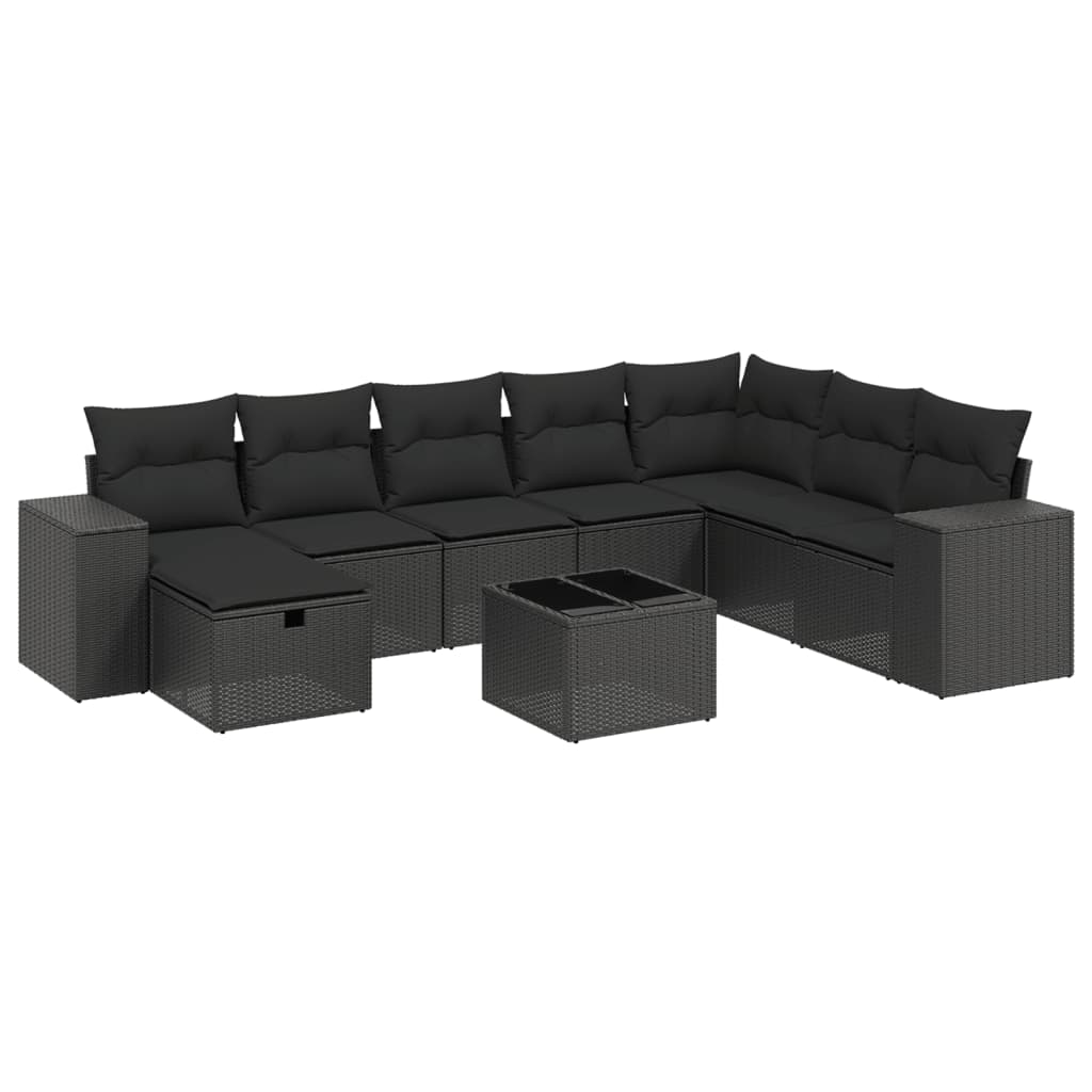 Garden furniture set with cushions, 9 pieces, black, polyrattan