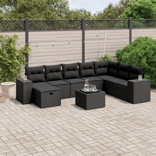 Garden furniture set with cushions, 9 pieces, black, polyrattan