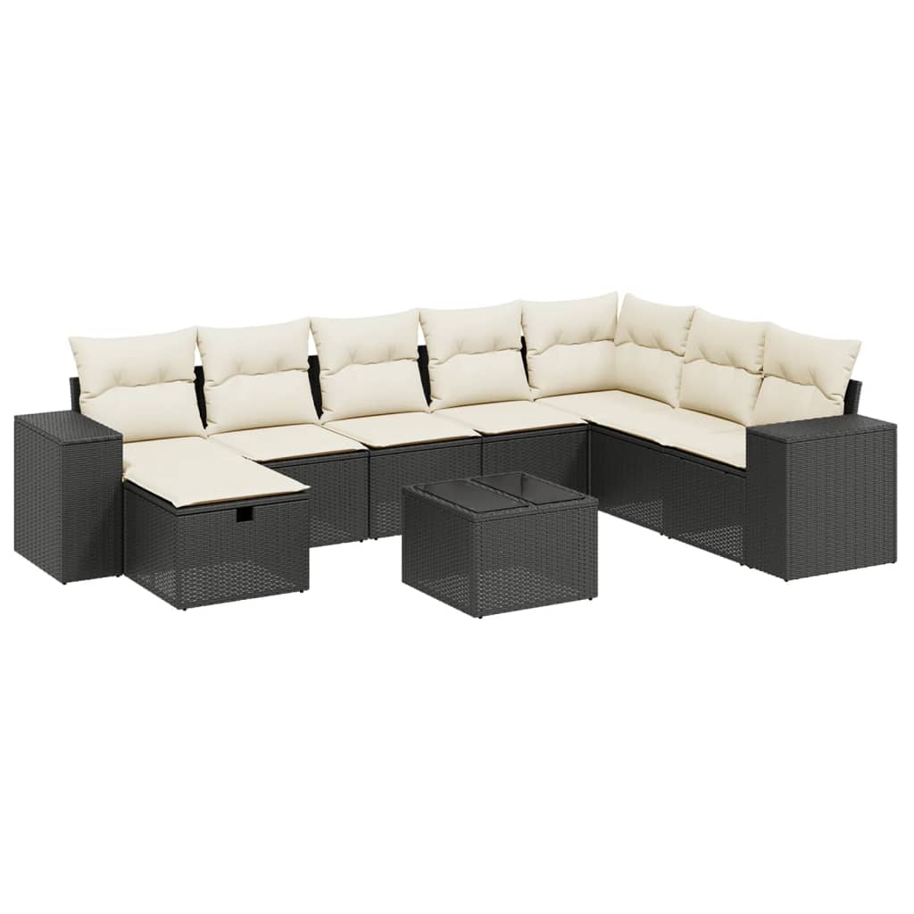 Garden furniture set with cushions, 9 pieces, black, polyrattan