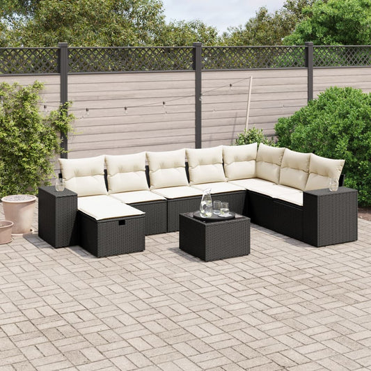 Garden furniture set with cushions, 9 pieces, black, polyrattan