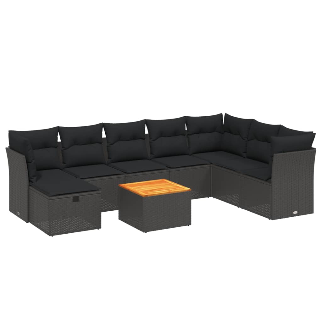 Set mobilier de grădină cu perne, 9 piese, negru, poliratan