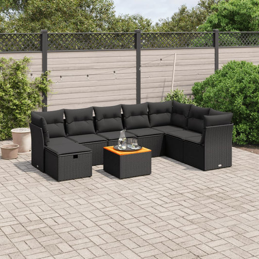 Garden furniture set with cushions, 9 pieces, black, polyrattan