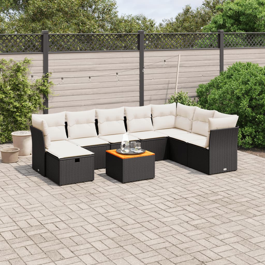 Garden furniture set with cushions, 9 pieces, black, polyrattan