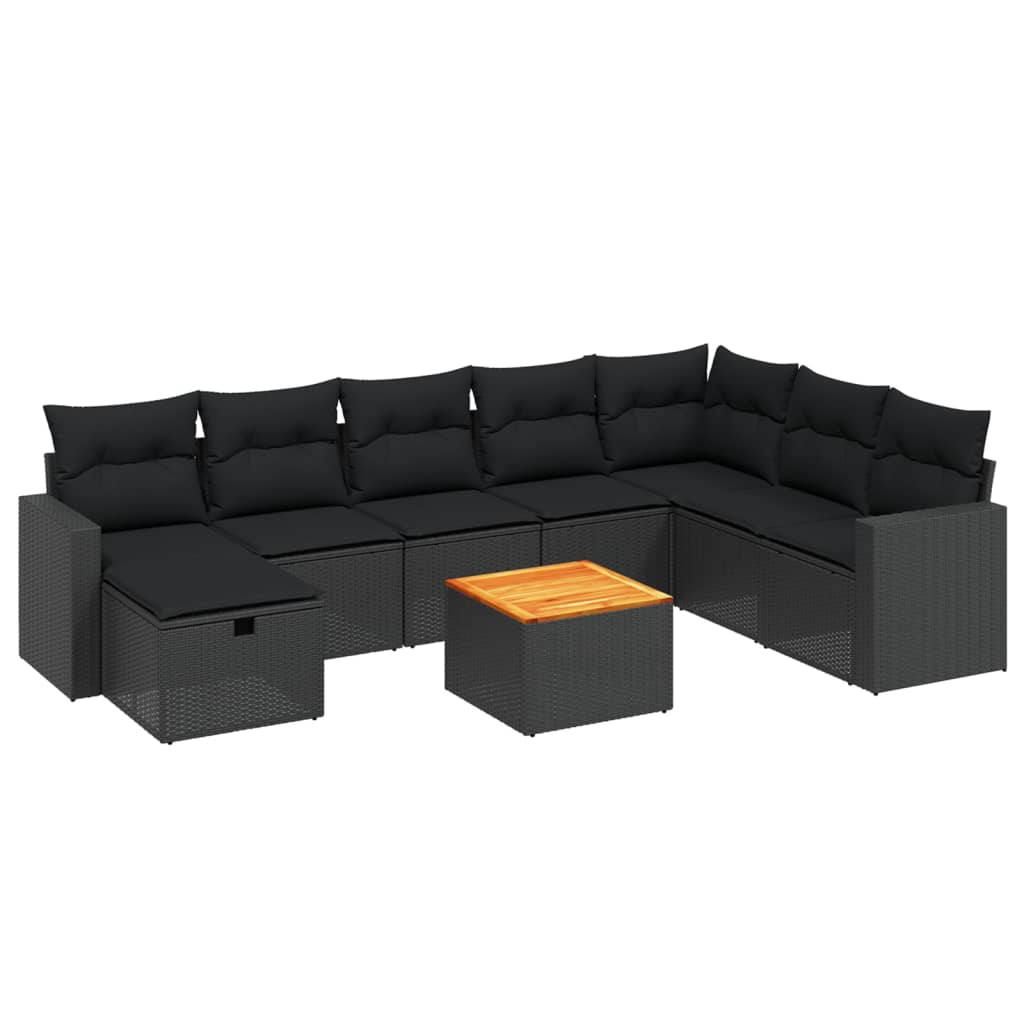 Garden furniture set with cushions, 9 pieces, black, polyrattan