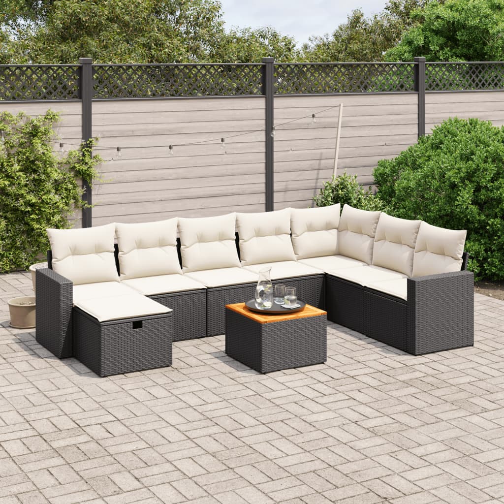 Garden furniture set with cushions, 9 pieces, black, polyrattan