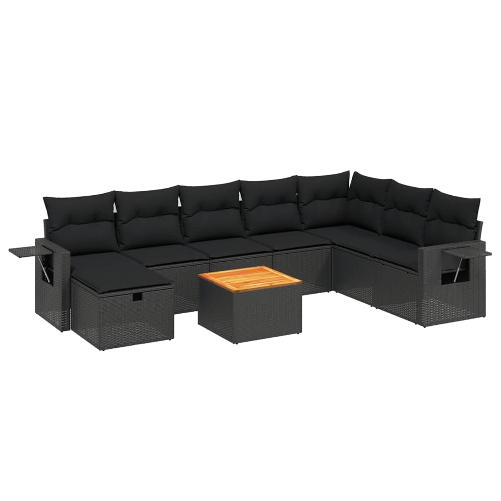 Garden furniture set with cushions, 9 pieces, black, polyrattan