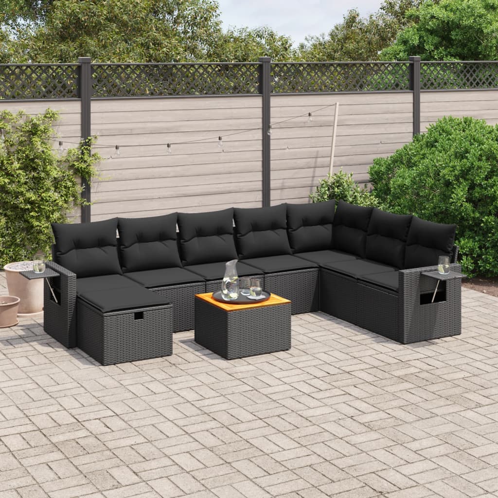 Garden furniture set with cushions, 9 pieces, black, polyrattan