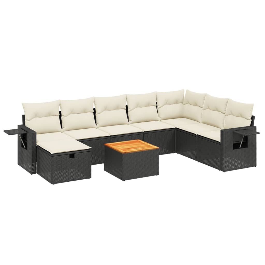 Set mobilier de grădină cu perne, 9 piese, negru, poliratan