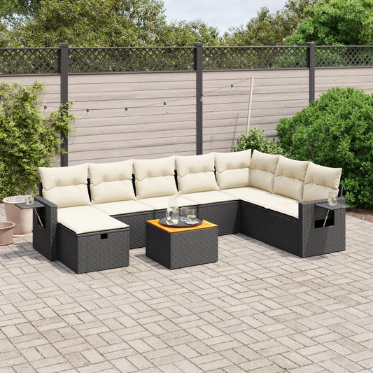 Garden furniture set with cushions, 9 pieces, black, polyrattan