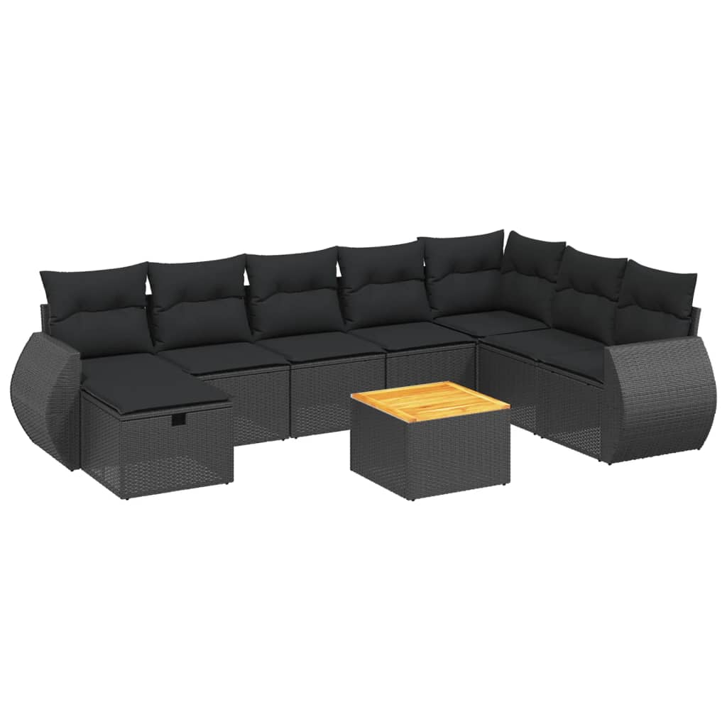 Garden furniture set with cushions, 9 pieces, black, polyrattan