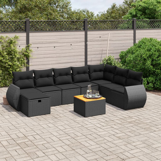 Garden furniture set with cushions, 9 pieces, black, polyrattan