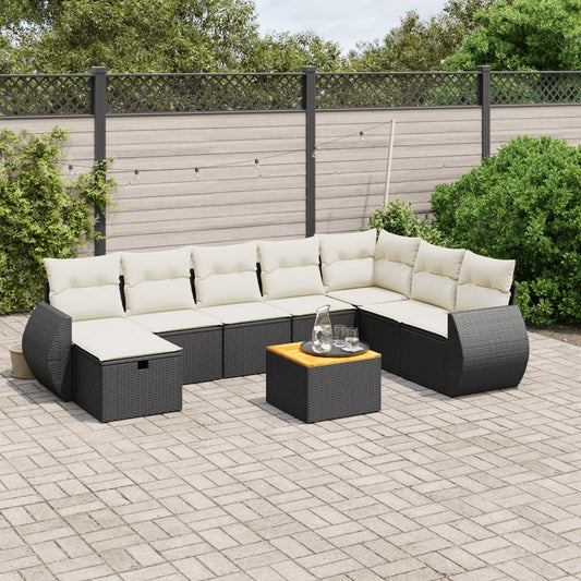 Garden furniture set with cushions, 9 pieces, black, polyrattan