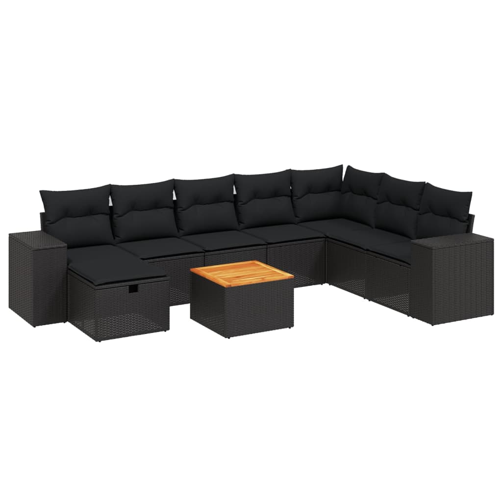 Garden furniture set with cushions, 9 pieces, black, polyrattan