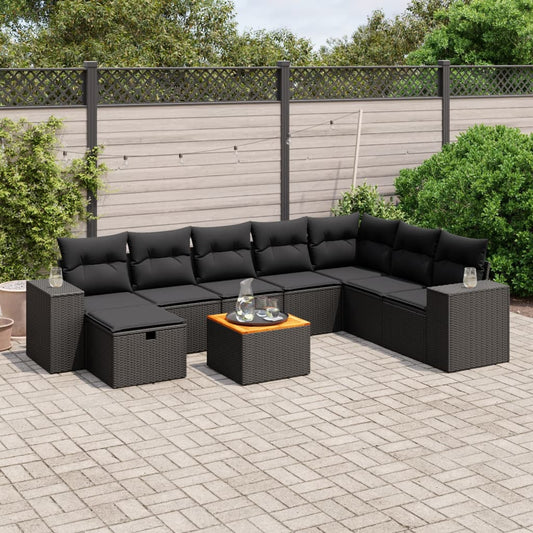 Garden furniture set with cushions, 9 pieces, black, polyrattan