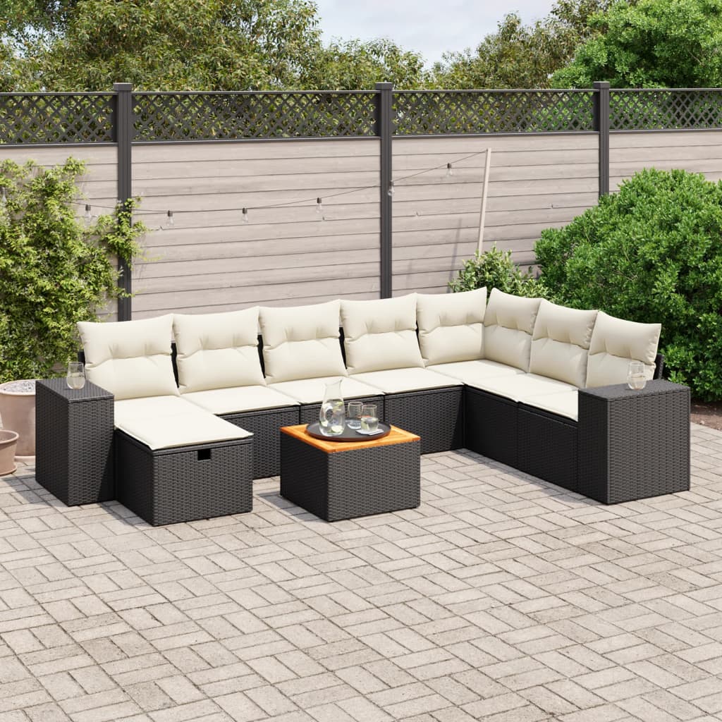 Garden furniture set with cushions, 9 pieces, black, polyrattan