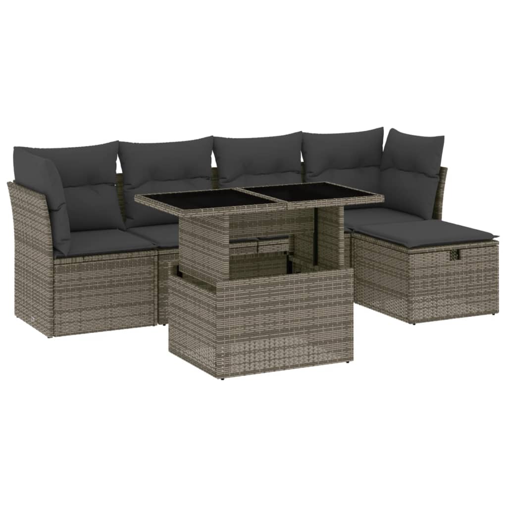 Garden furniture set with cushions, 6 pieces, grey, polyrattan