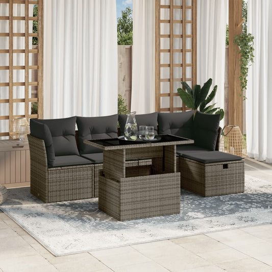 Garden furniture set with cushions, 6 pieces, grey, polyrattan