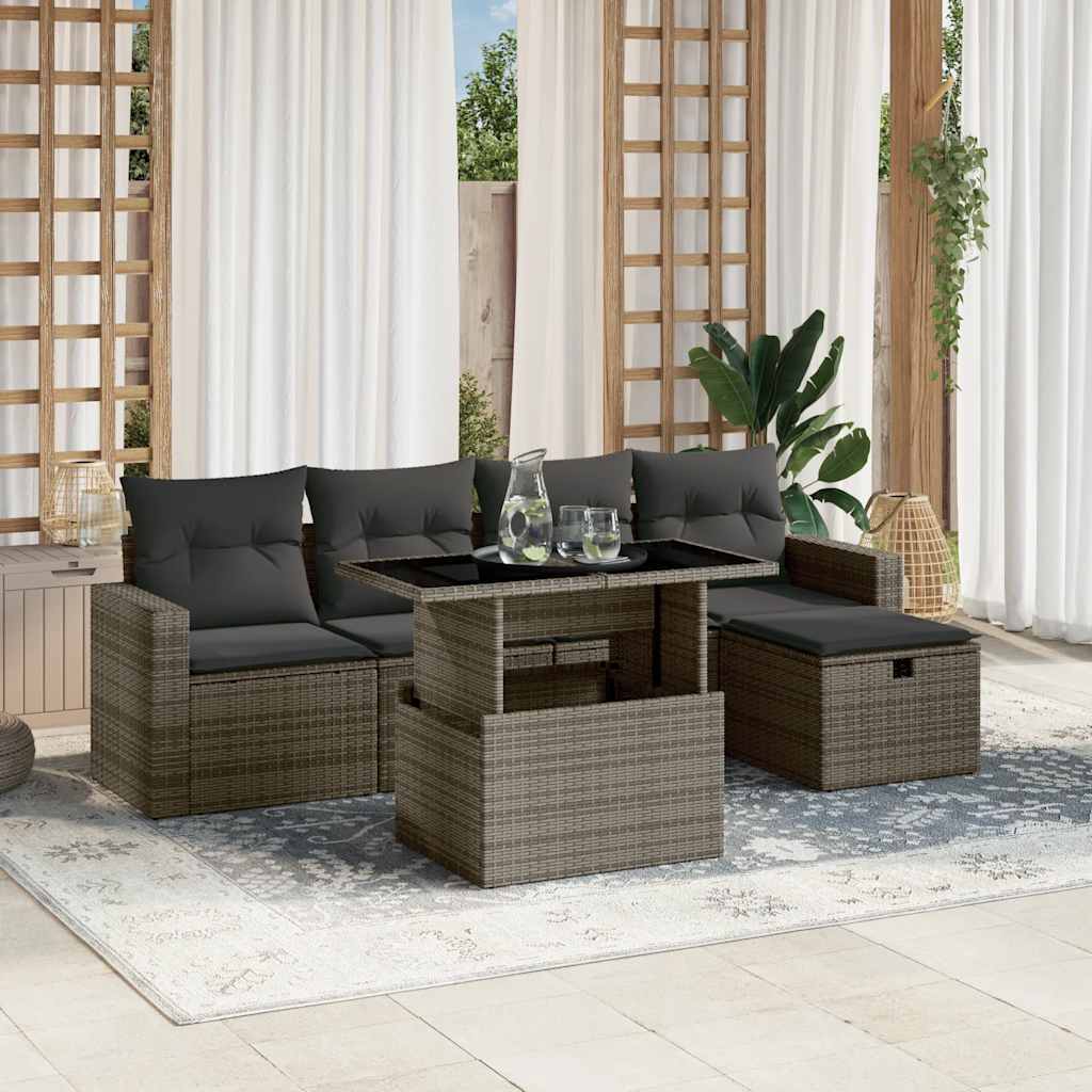 Garden furniture set with cushions, 6 pieces, grey, polyrattan