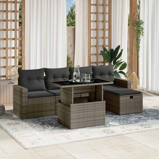 Garden furniture set with cushions, 6 pieces, grey, polyrattan